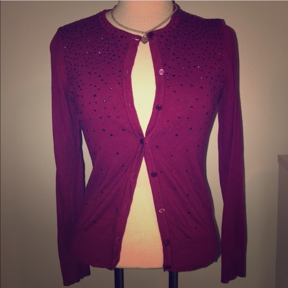 Jeweled cardigan wine color size small long sleeve